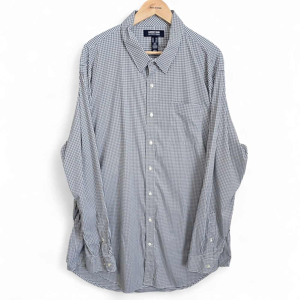 Lands End Shirt Mens XXL 2XL Tall Black Button Up Mini Gingham Check Performance